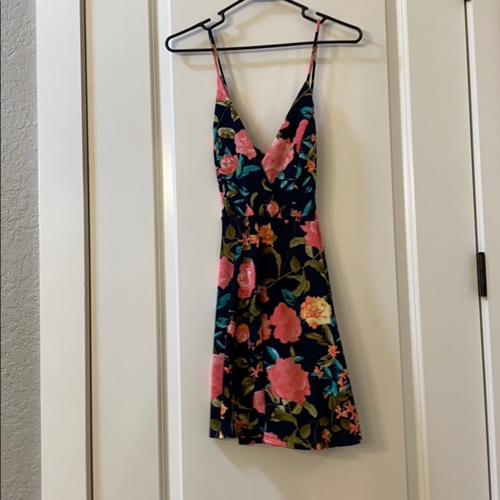 Dark Blue floral backless short dress